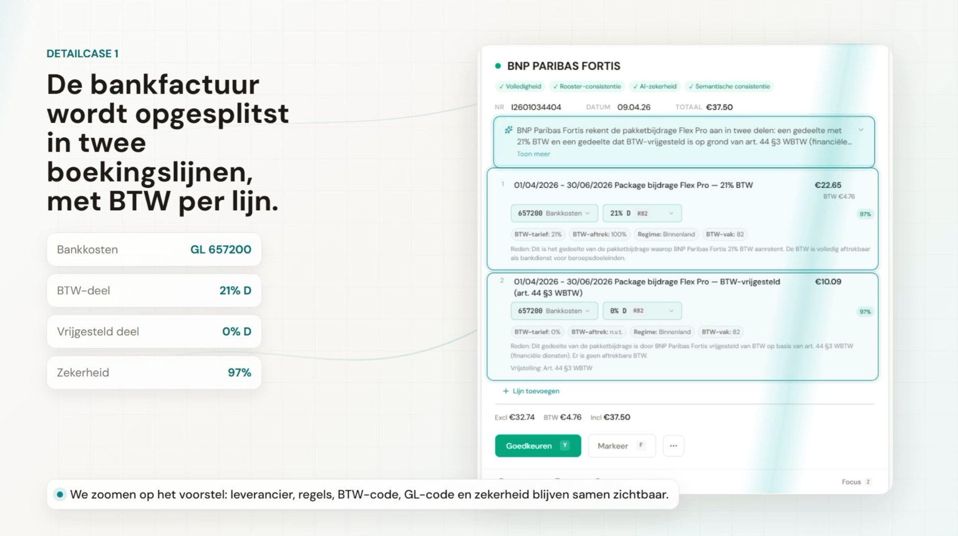 Reviewkaart in Covoo met factuurlijn, btw-code, grootboekrekening en motivatie van het boekingsvoorstel.